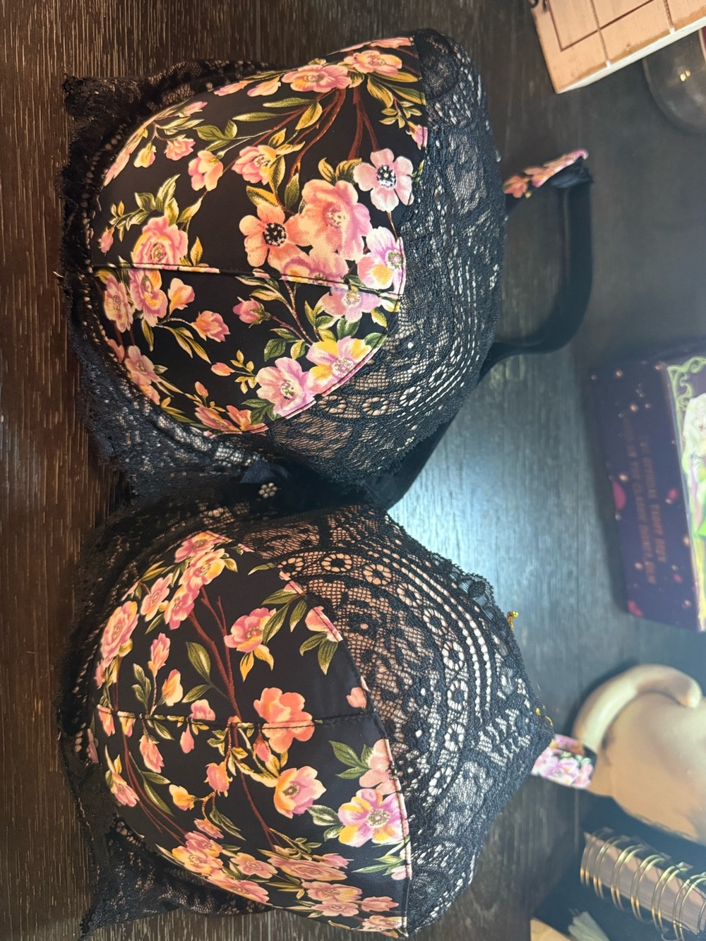 Floral Lace Push-Up Bra in Black with Pink Flowers